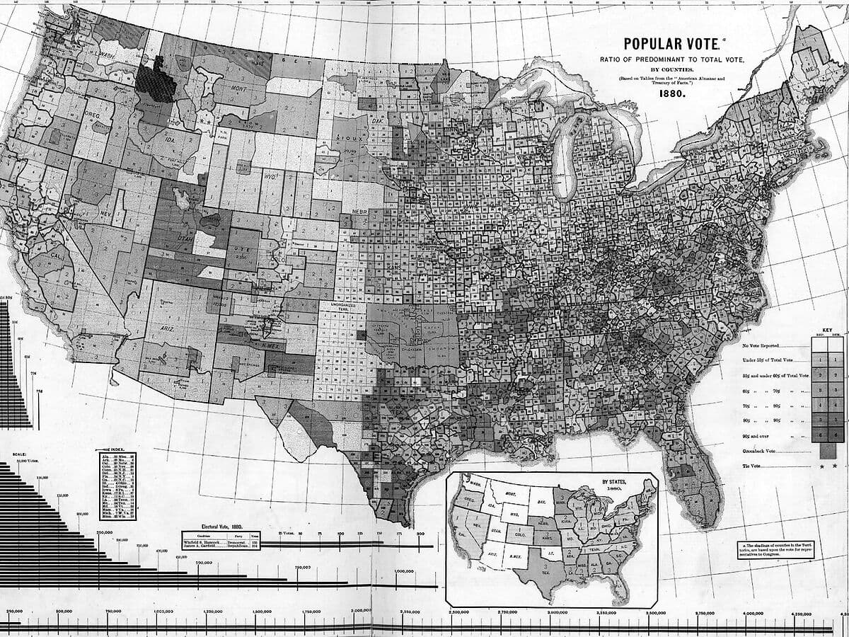 Greyscale map of the United States by county, titled Popular Vote, 1880, with the Great Lakes, a state inset and a bar chart in the lower corners.