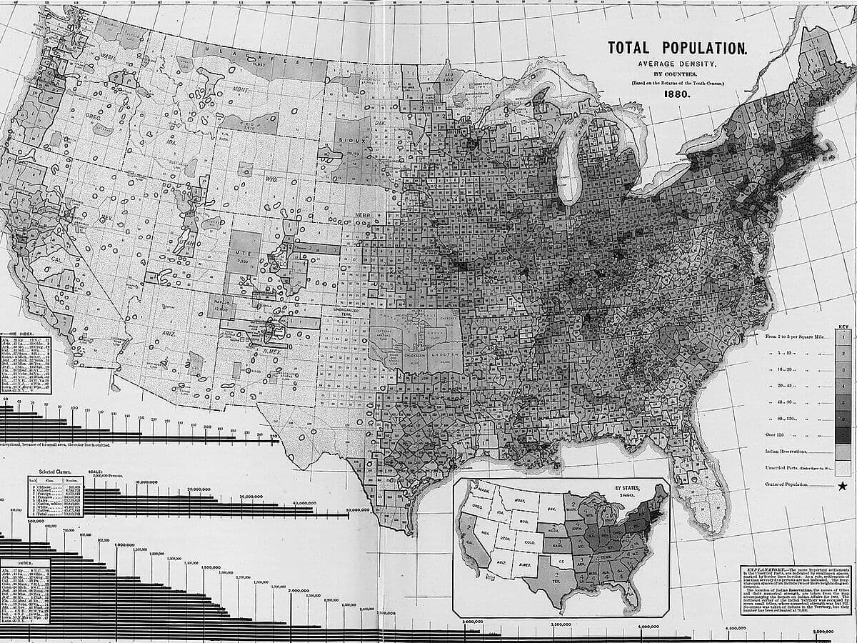 Greyscale map of the United States by county, titled Total Population, Average Density, 1880, darkest in the Northeast and Midwest and pale across the West.