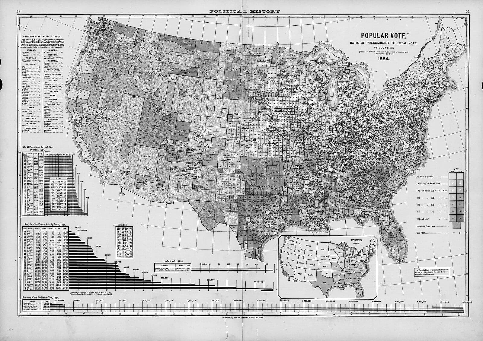 Greyscale double-page map of the United States by county titled Popular Vote, 1884, with a county index at left and bar charts along the bottom.