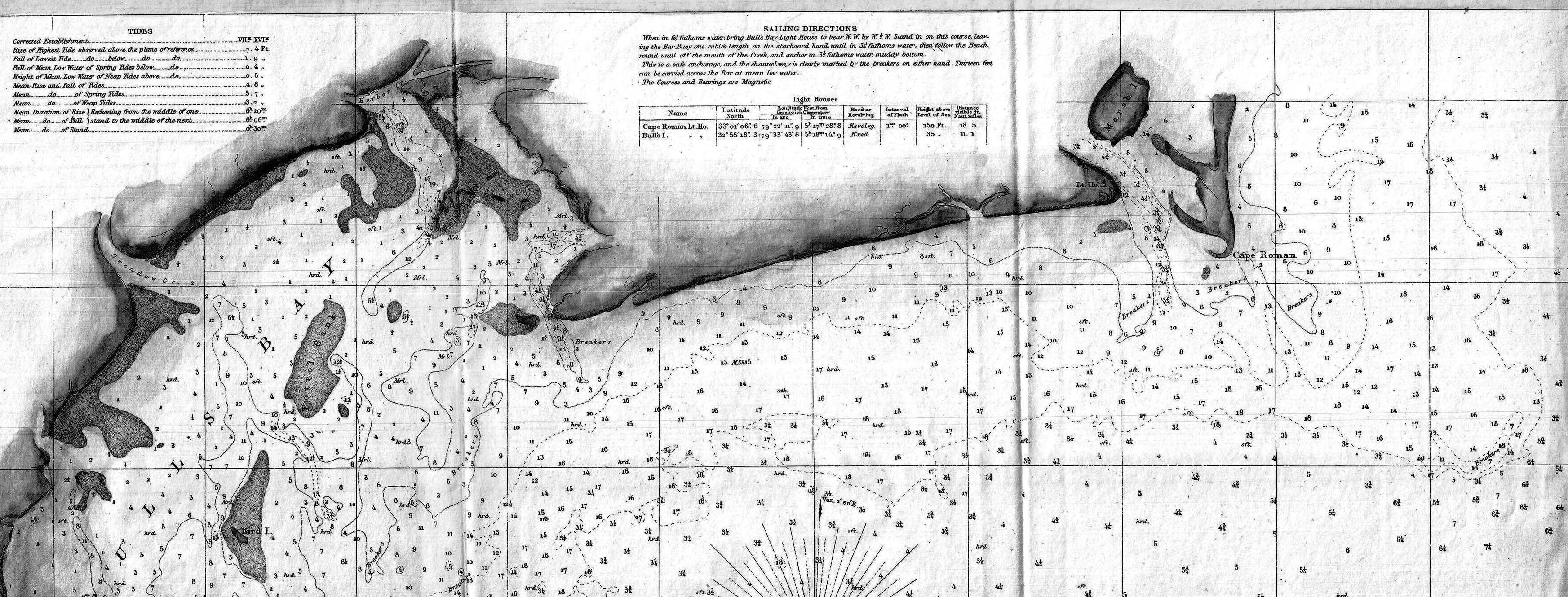 Greyscale detail of the 1859 Coast Survey chart of Bull's Bay, South Carolina, across the whole bay: the printed table of tides and sailing directions, marsh islands, the coast out to Cape Romain and depth soundings.