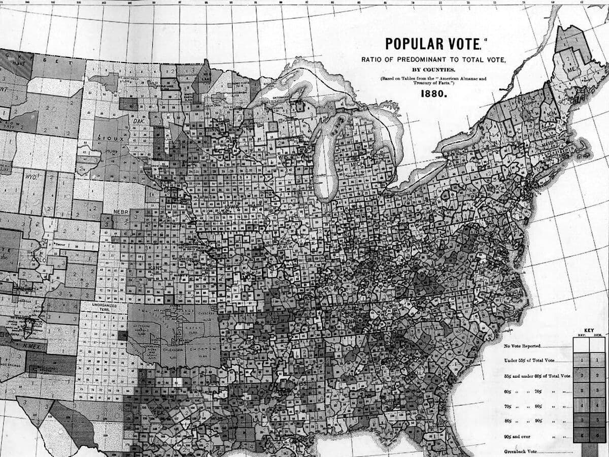 Greyscale close crop of the 1880 Popular Vote map of the United States, showing the title block, the Great Lakes, the Midwest and the eastern states by county.