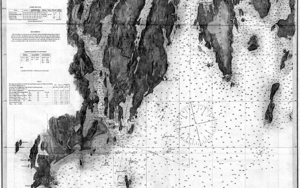 Greyscale detail of an 1862 Coast Survey chart of the Kennebec and Sheepscot Rivers, Maine, with hill-shaded peninsulas, scattered depth soundings, a printed tide table at left and a compass rose at lower right.